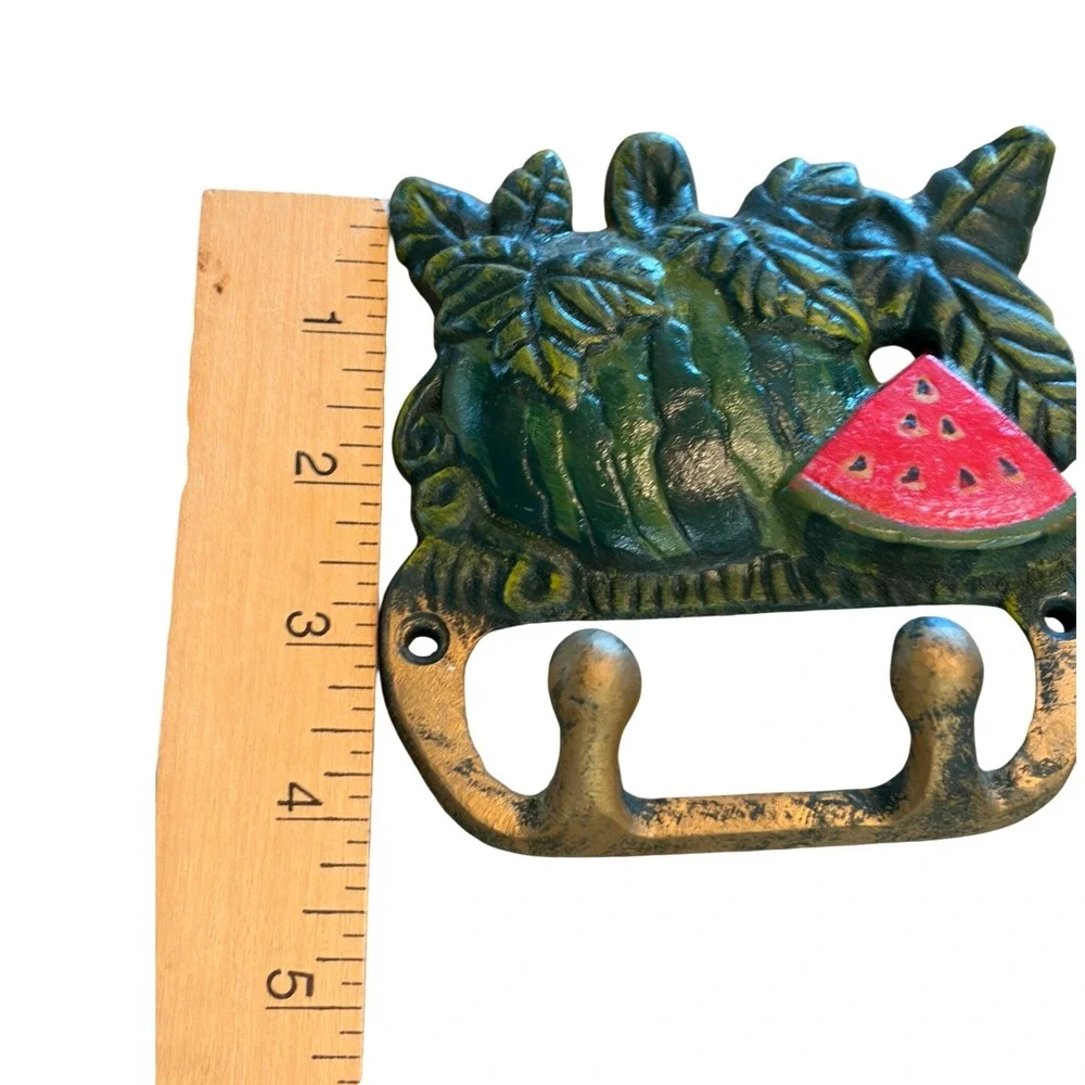 Cast Iron Watermelon Wall Hook Double Rack Rustic Fruit Decor Green Red Bronze